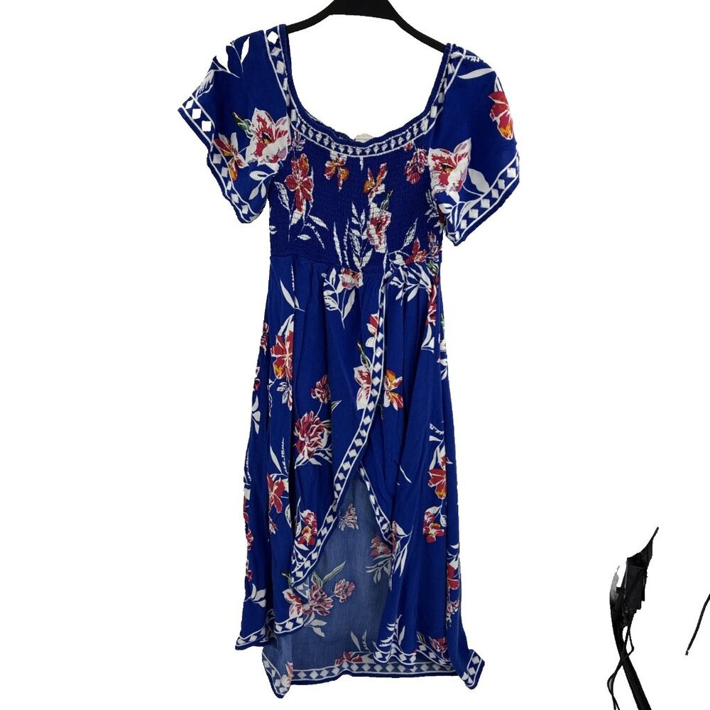 Jealous Tomato Womens Floral Dress Blue Boho Smocked Short Sleeve Size M